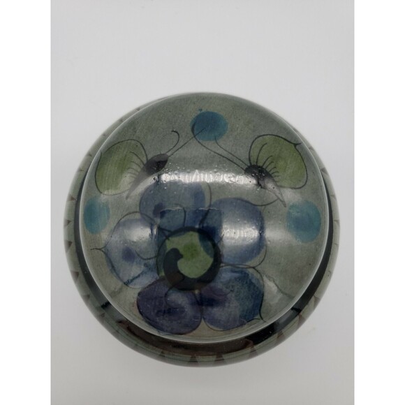 Tonala Mexico Lidded Trinket Dish Yellow Butterfies & Blue Flower Jewelry VTG - Picture 12 of 12